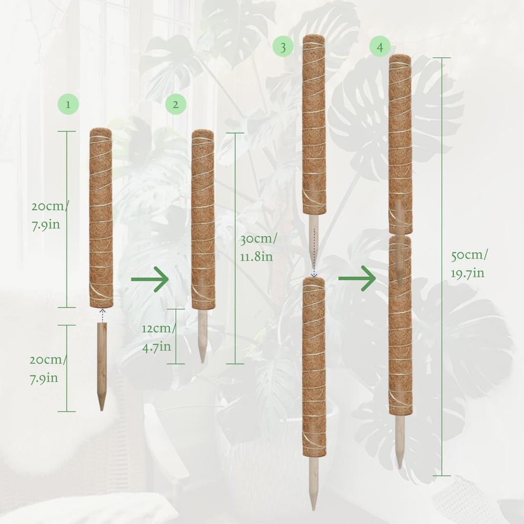 Moss Pole for Plants - 4 Pack Natural Coco Coir Climbing Support Stakes | 7.9 Inch Each, Total 31.6 Inch