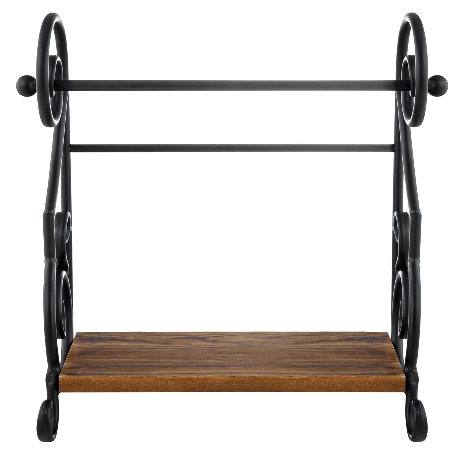 MyGift Black Metal Countertop Paper Towel Holder with Rustic Solid Burnt Wood Storage Shelf and Scrollwork Design, Easy Refill Single Roll Holder