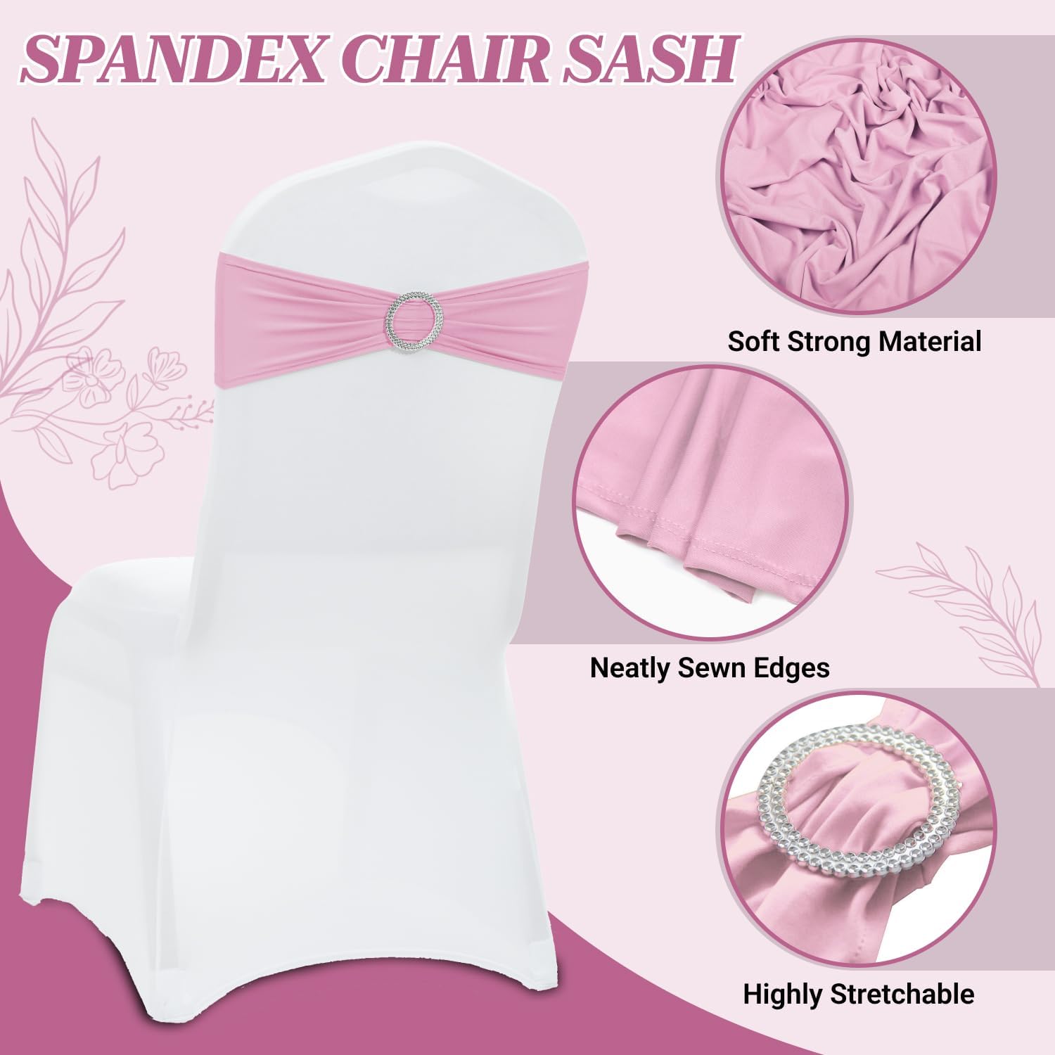 MDS Spandex Chair Sashes - Pack of 50 Elastic Stretch Bows with Buckle Slider for Wedding Decor | Blush Pink