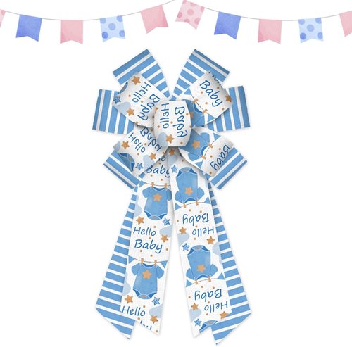 Estivaux Large Baby Shower Bows - Blue Striped Burlap Wreath Bows for Gender Reveal & Baby Boy Celebrations