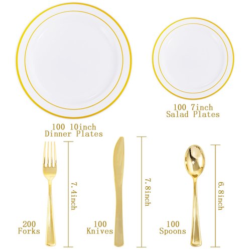 I00000 600 Pcs Gold Plastic Plates for 100 Guests.Disposable Plates for Party,Plastic Dinnerware Set of 100 Dinner Plates,100 Salad Plates,400 Gold Silverware Set(100 Spoons,100 Knives,200 Forks).