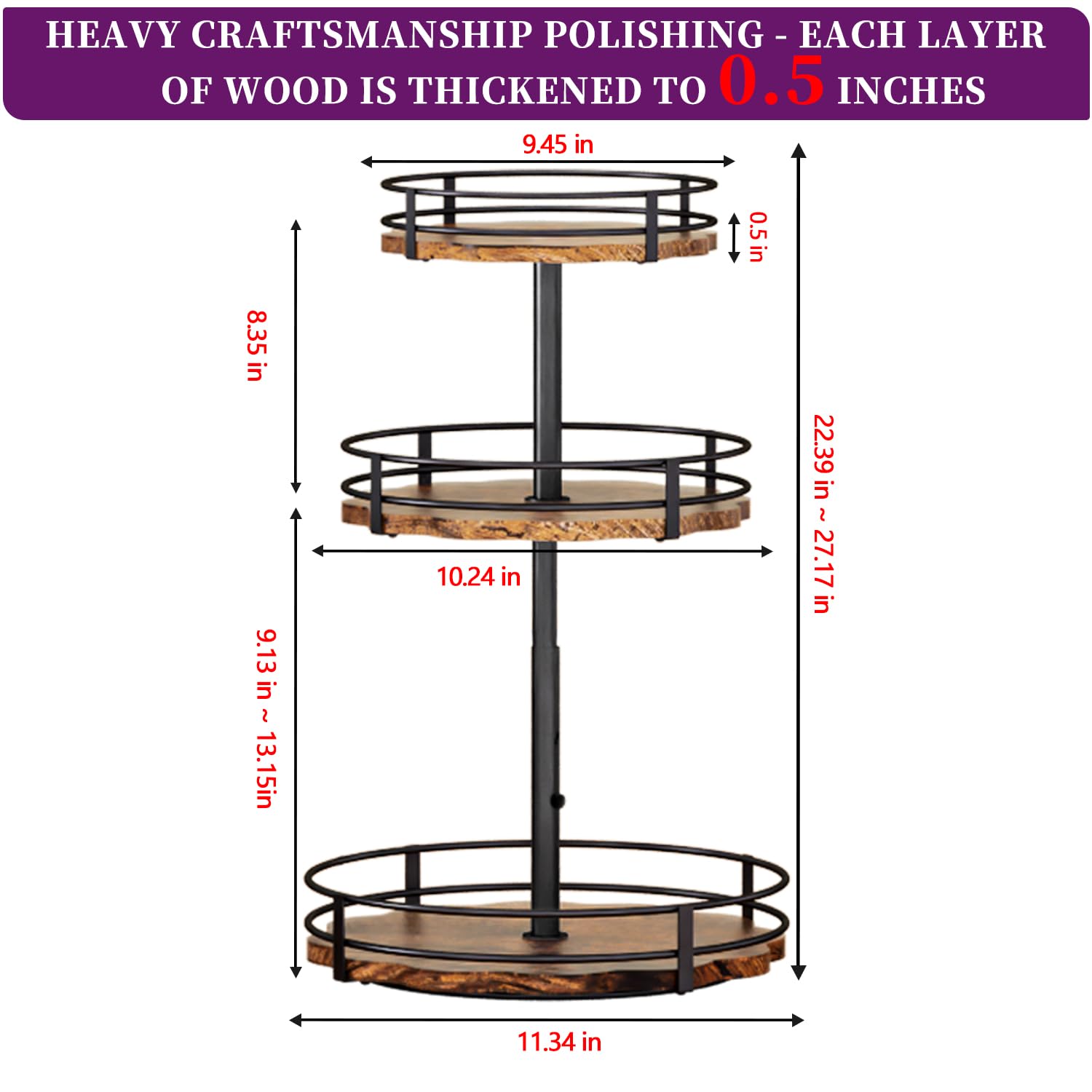 Heavy-Duty 3-Tier Lazy Susan Organizer, Adjustable to Different Heights, Countertop Spice Rack, Upgraded Thickened Wooden Board, Suitable for Seasoning Organizer, Kitchen Organization