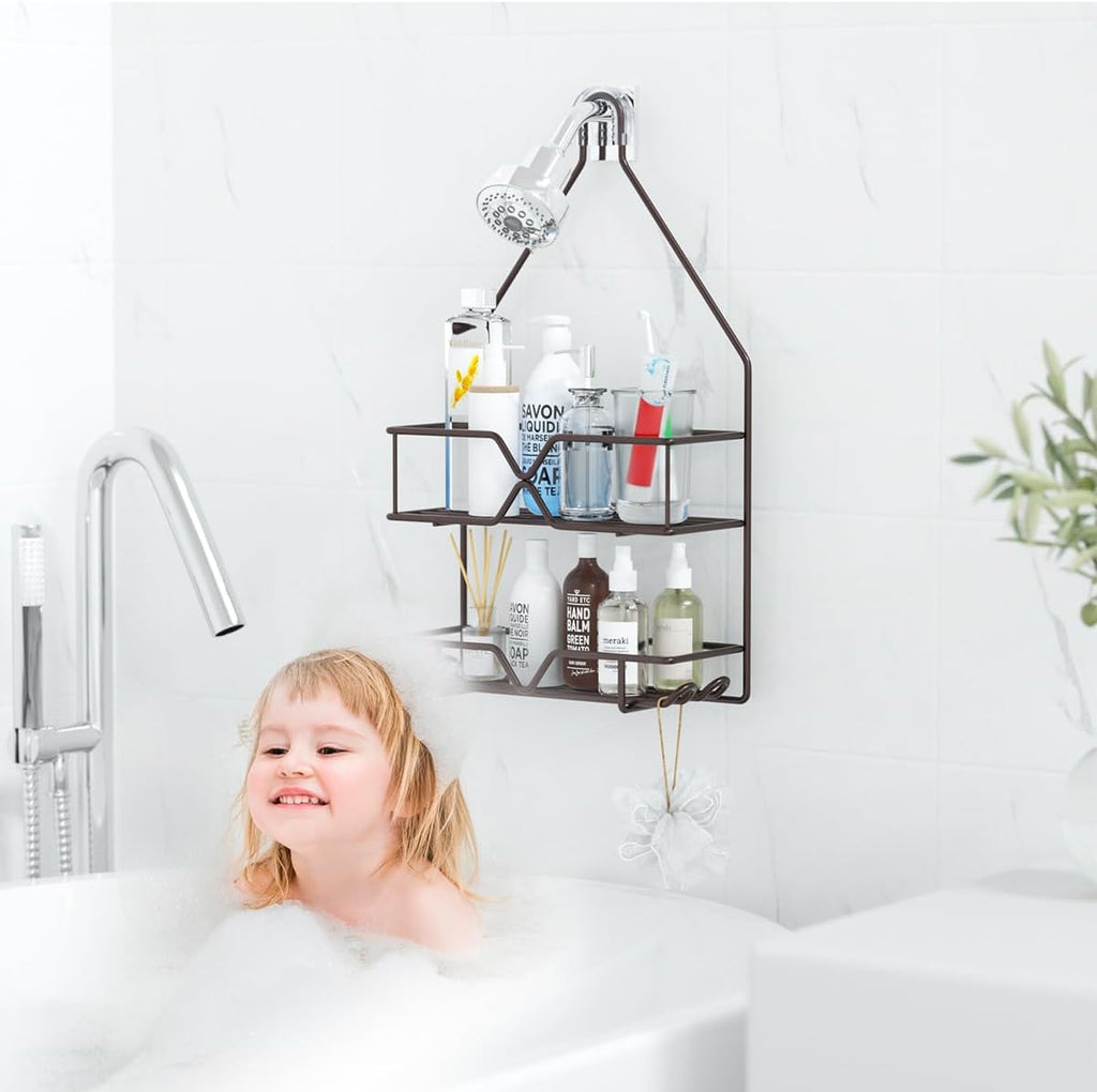 TreeLen Shower Caddy - Over Shower Head Bathroom Organizer with 4 Hooks for Shampoo - Bronze Finish
