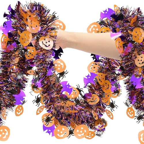 33 FT Halloween Tinsel Garland with Pumpkins, Bats & Spiders