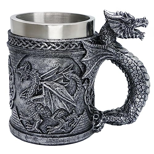 Medieval GOT Dragon Mug - 15.8 OZ Stainless Steel Coffee & Beer Cup - Dragon Themed Gift