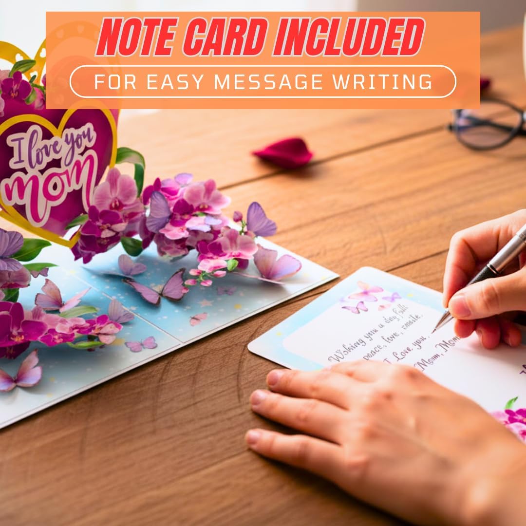 Regine Switzerland 3D Pop-Up Mother's Day Card - "I Love You Mom" Orchid Design | Premium Greeting Card with Envelope