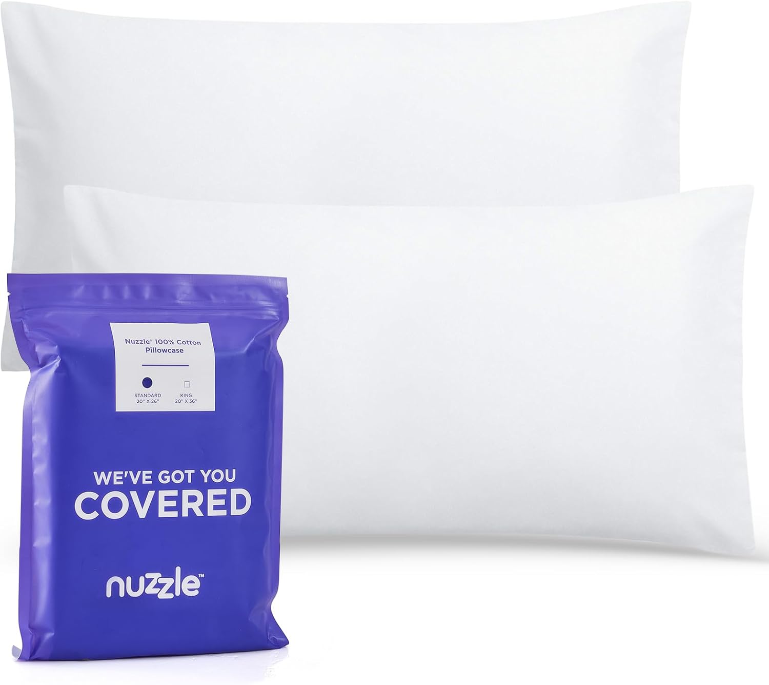 Nuzzle Pillow Cases | Standard Size 100% Cotton Pillow Covers - Soft, Breathable 300 Thread Count, White 20 x 26 Inches