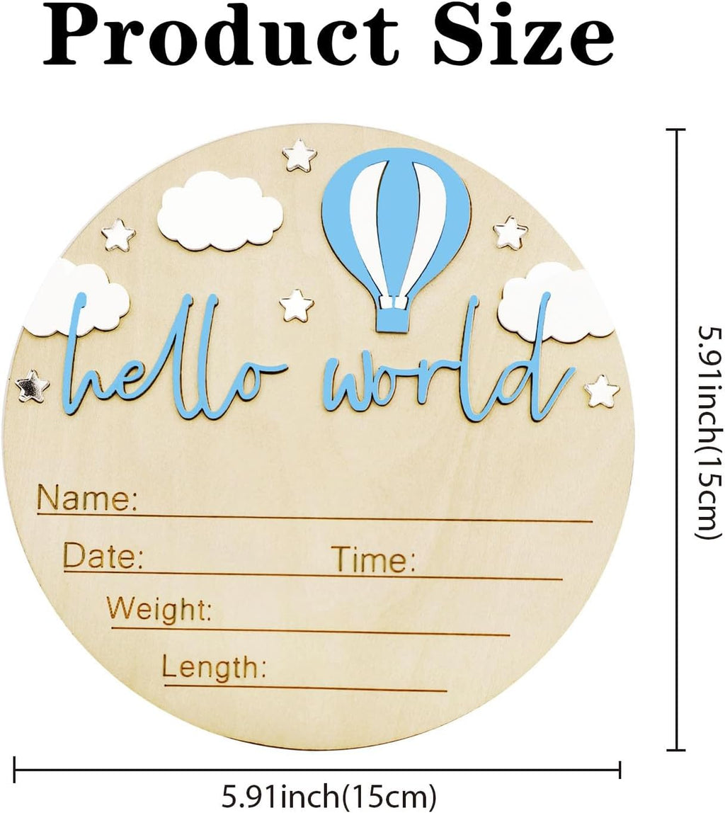 Skiennix Baby Announcement Sign - 5.9 Inch Wooden Hello World Newborn Sign with Pen | Hot Air Balloon & Cloud Design (Blue)