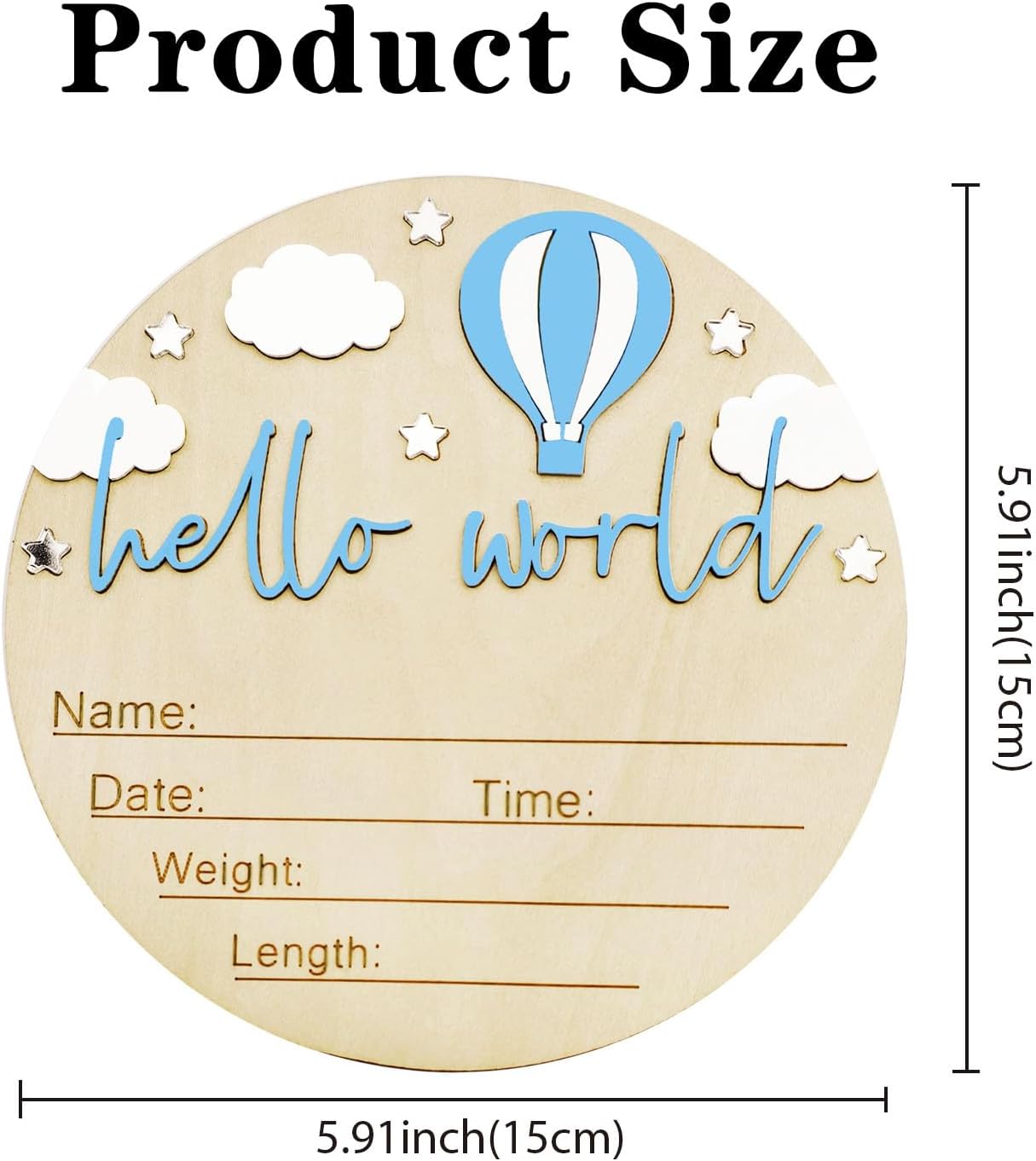 Skiennix Baby Announcement Sign - 5.9 Inch Wooden Hello World Newborn Sign with Pen | Hot Air Balloon & Cloud Design (Blue)