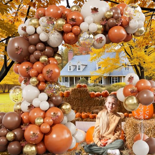 215pcs Fall Balloon Arch Kit with Autumn Leaves for Thanksgiving Party