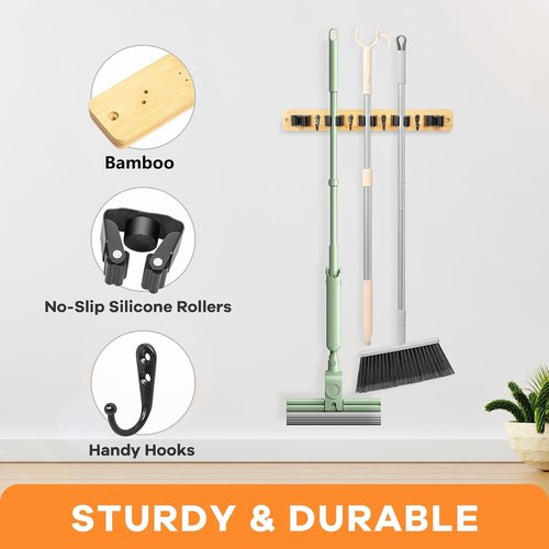 IMILLET Broom Holder Wall Mount - Bamboo Mop Organizer with 5 Racks & 4 Hooks | Home Storage Solution
