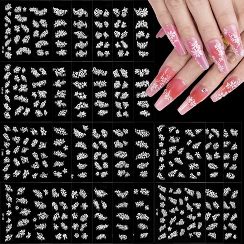 Umillars 30 Sheets White Flower Nail Stickers 3D Self-Adhesive Floral Decals