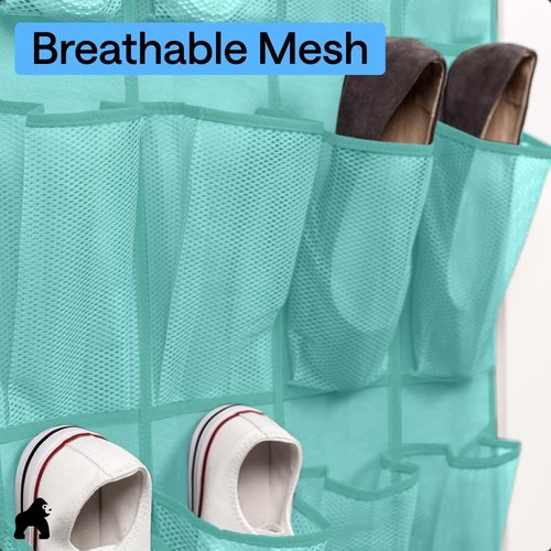GORILLA GRIP Over The Door Shoe Organizer - 24 Large Breathable Mesh Pockets | Space-Saving Storage in Turquoise