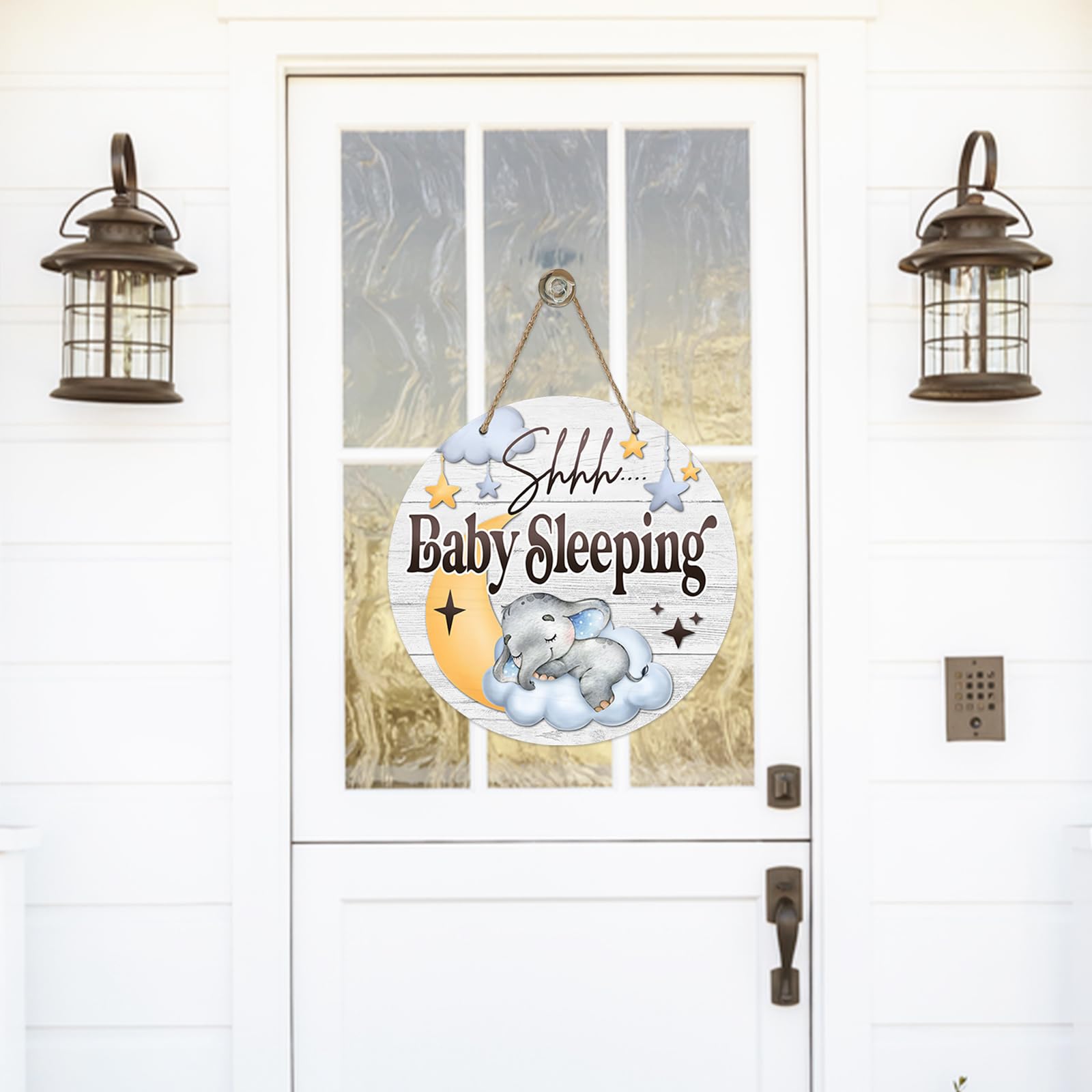 Shhh Baby Sleeping Front Door Sign, Elephant Moon Cloud Stars Wood Door Hanger Nursery Kids Bedroom Decor, Infant Toddler Baby Boy Girl Room Rustic Wooden Wreath Indoor Wall Hanging Decoration