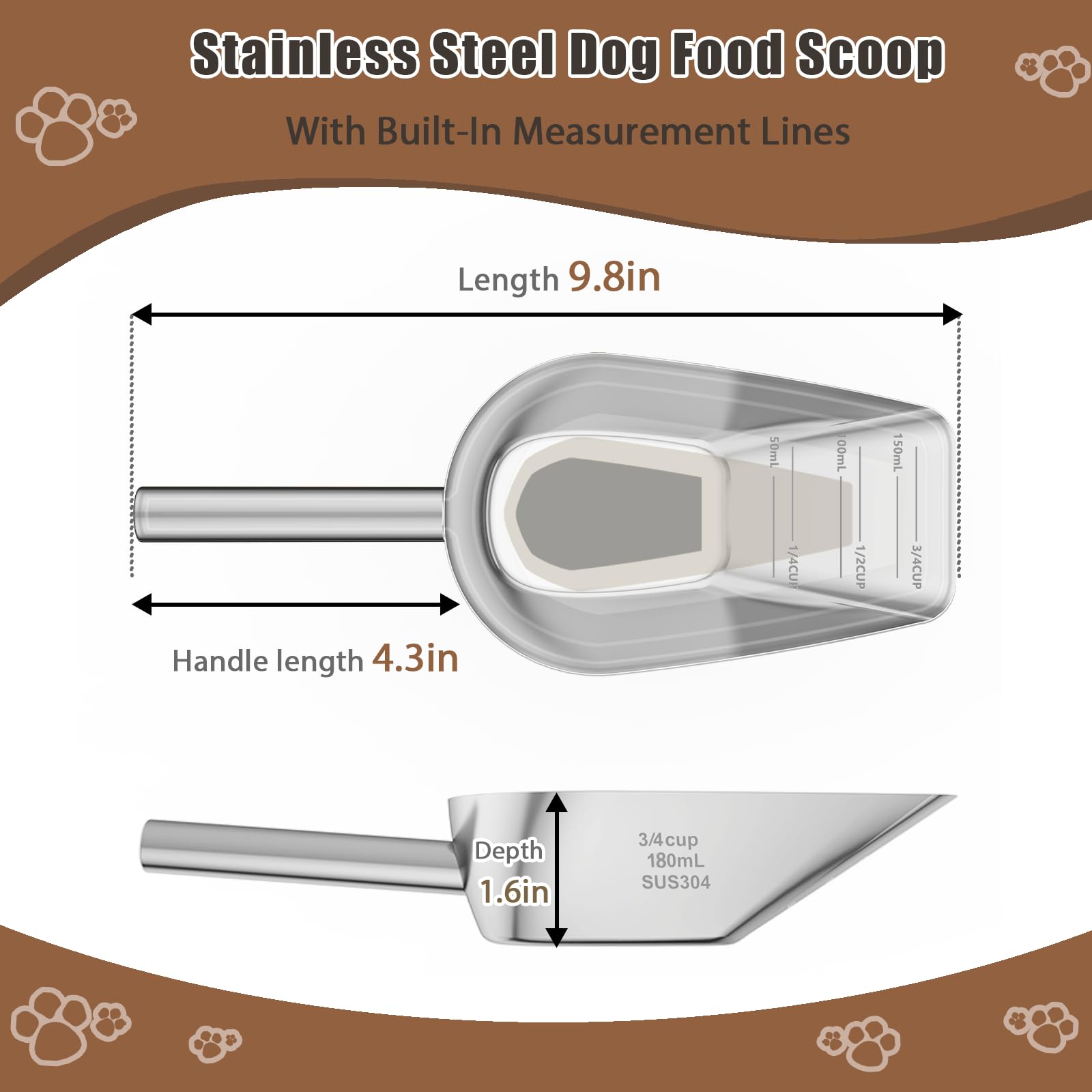 Mutclord Pet cat-dog food-scoop measuring cup - Food-grade 304 stainless steel material | 3/4 Cup capacity | Precision scale measurements