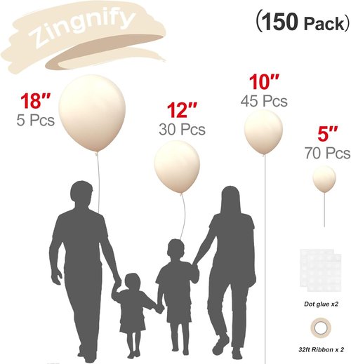 Beige Balloons by [Brand Name] - 150-Piece Pack in Various Sizes | Perfect for Birthday & Wedding Decorations