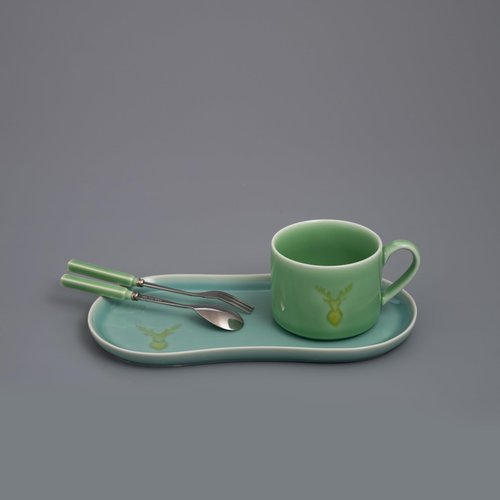 Longquan UNESCO Heritage Celadon Coffee Set Double-Glazed – Handcrafted Song Dynasty, Sky Blue & Plum Green Glaze, 310ml 4-Piece Set with Spoon & Fork, Gift Box (1, BLUE)