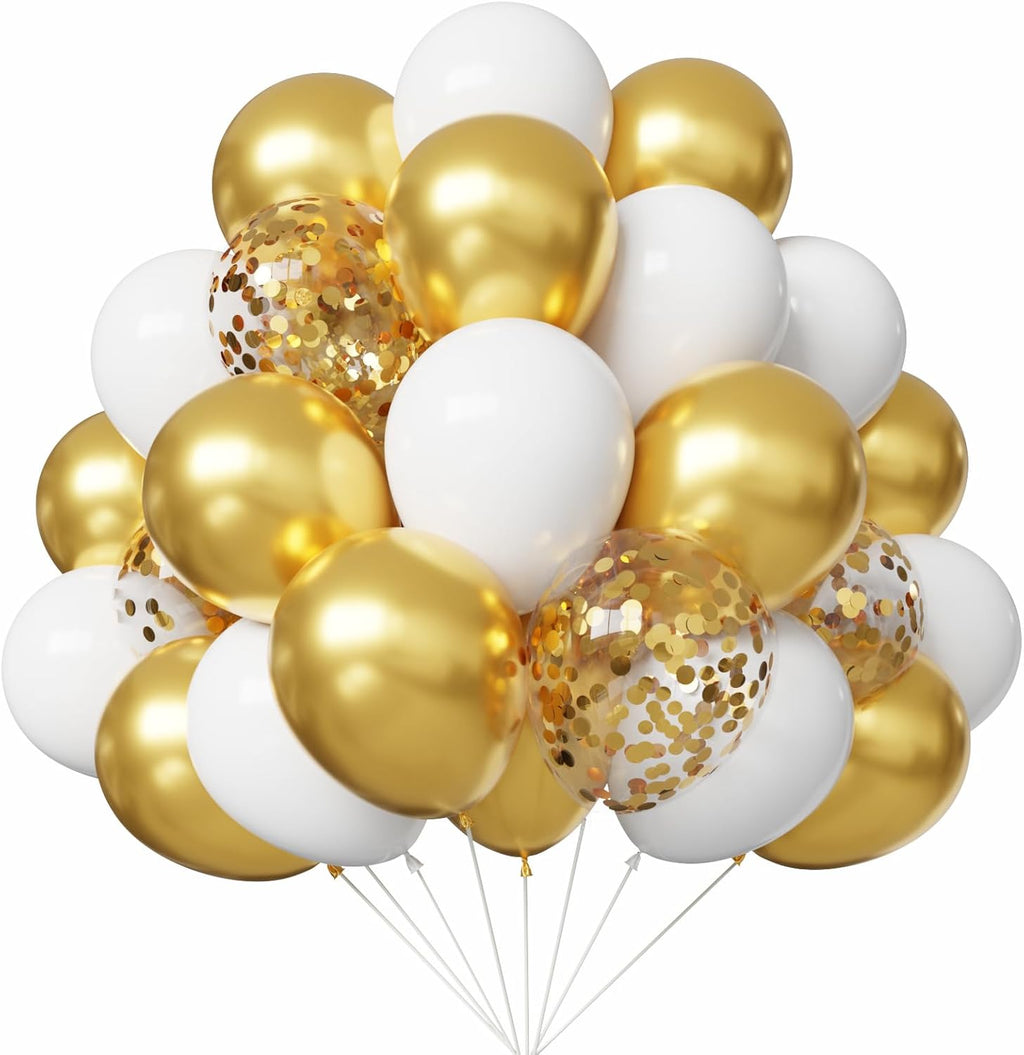 YMSZ White and Gold Confetti Balloons - 67pcs 12 Inch Latex Balloons for Birthday & Wedding Decor