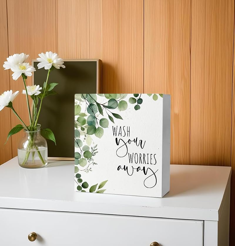 Wash Your Worries Away Funny Bathroom Wood Box Sign - Eucalyptus Style I