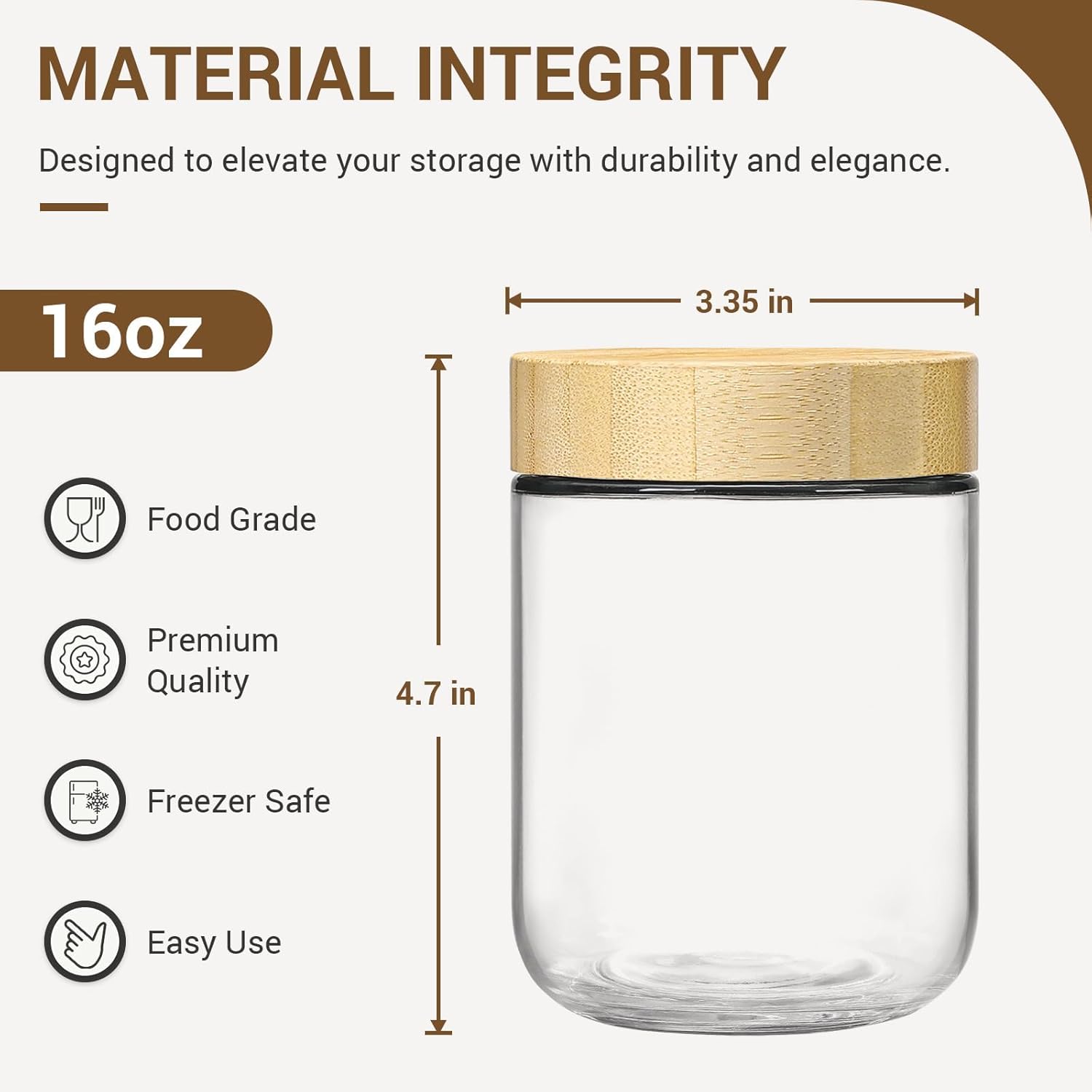 NETANY 16oz Glass Jars - 6-Pack Airtight Containers with Bamboo Lids for Overnight Oats & Snacks