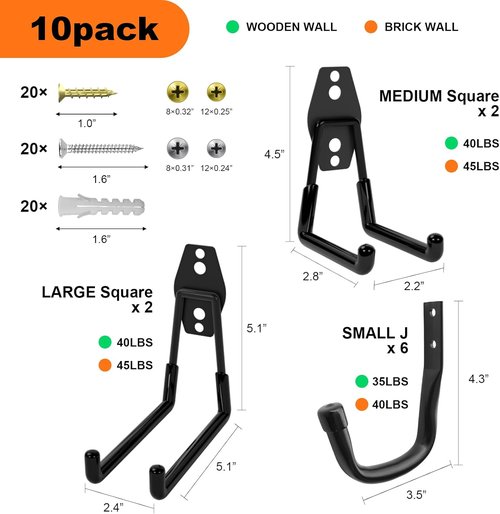 Heavy Duty Wall Garage Hooks - Steel Anti-Slip Utility Hangers for Ladders, Bikes & Tools | 10 Pack (Black)
