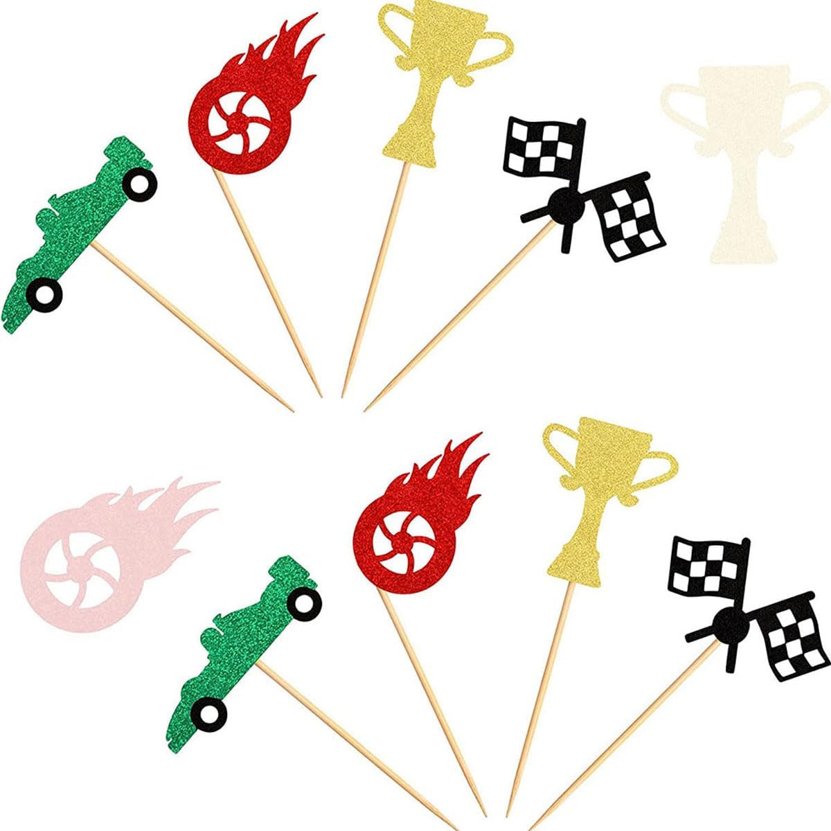 Skiennix 24Pcs Race Car Cupcake Toppers - Glitter Trophy Flags & Wheels for Racing Theme Parties