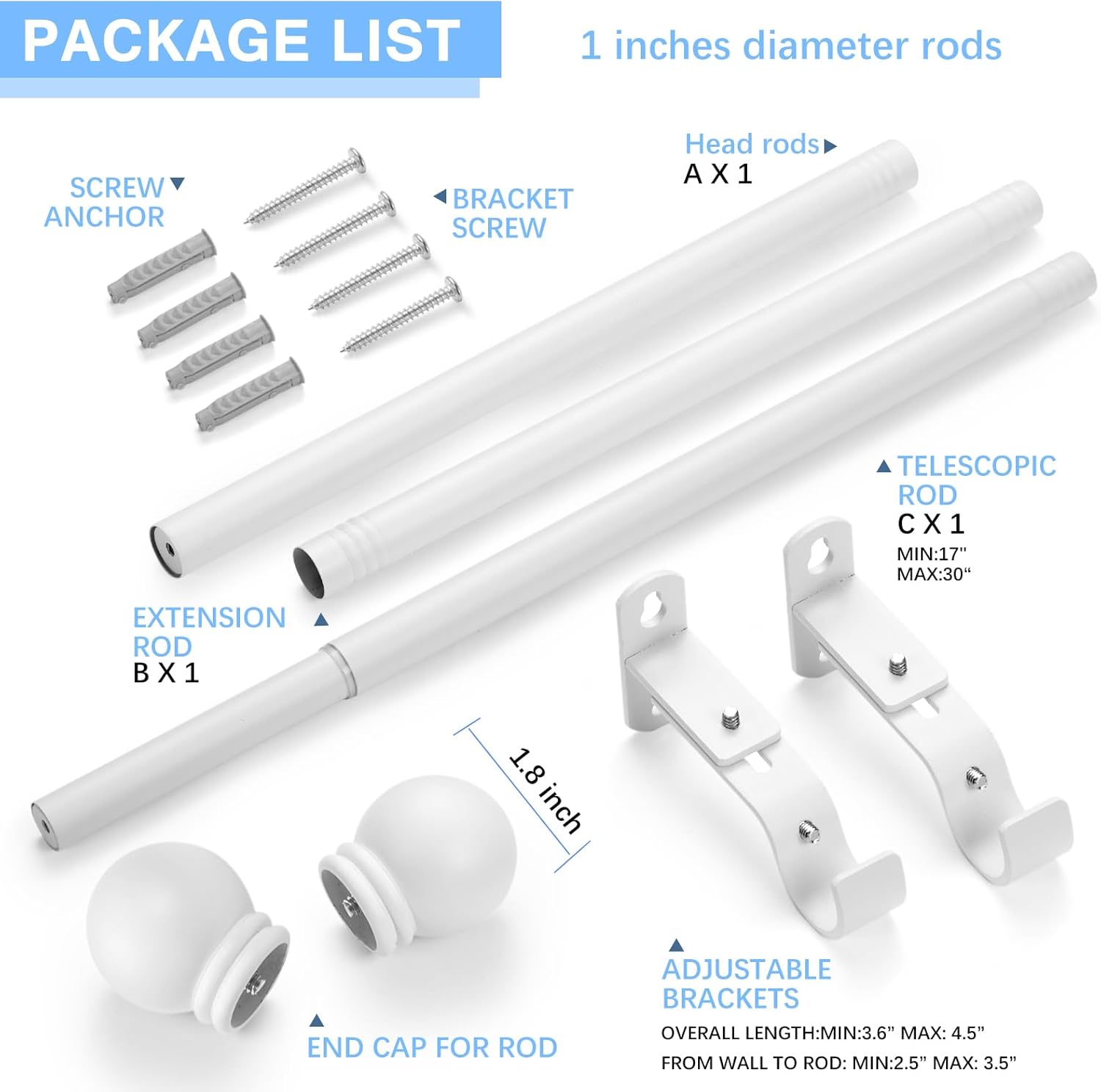 Max Adjustable Curtain Rods by [Brand Name] | 16 to 48 Inches | 1" Diameter with Round Finials - White