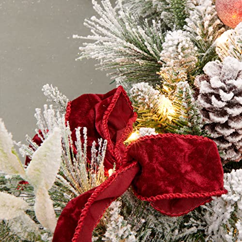 9ft Battery Operated Pre-lit Flocked Christmas Garland with Red Balls & Berries