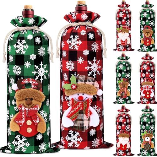 Christmas Wine Gift Bags - Buffalo Plaid Red & Green with 3D Dolls, 8 Pack