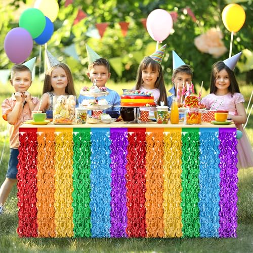 Rainbow Table Skirts - 2 Pack Tinsel Fringe for Party Decor
