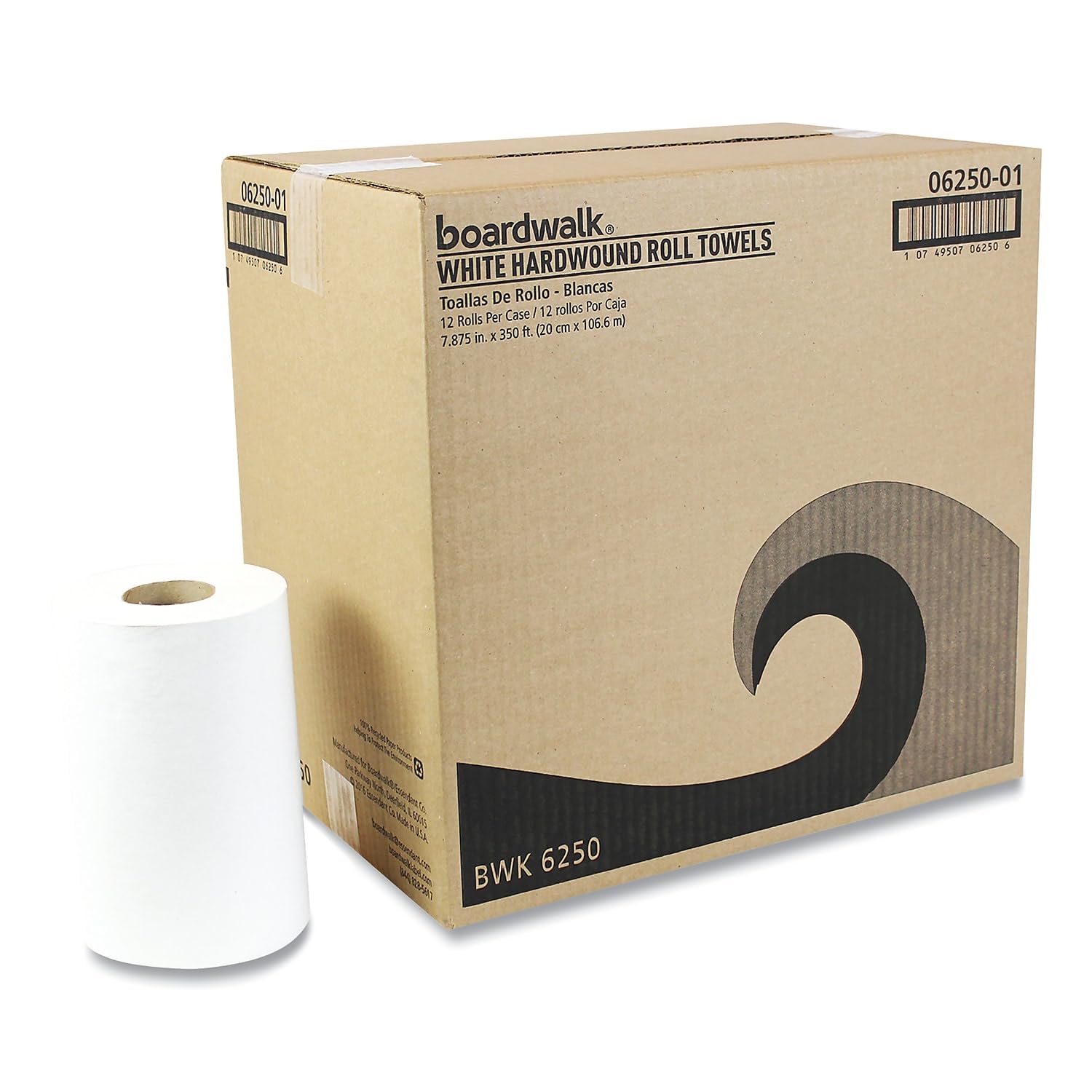 Boardwalk 6250 Hardwound Paper Towels, Nonperforated 1-Ply White, 350 ft (Case of 12 Rolls)