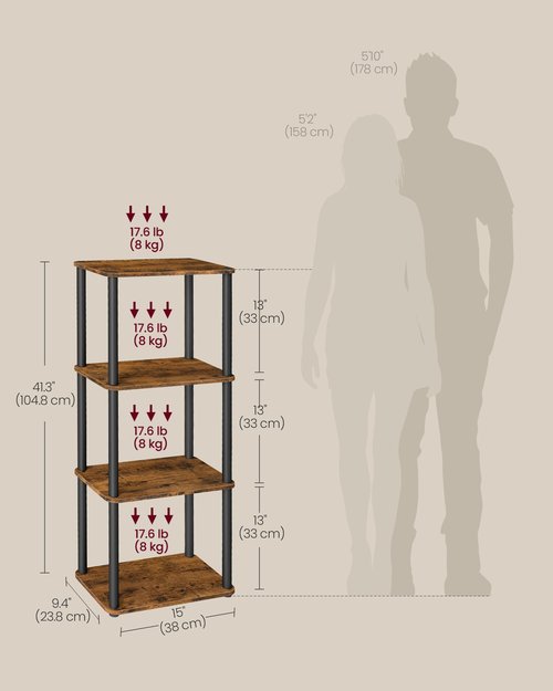 VASAGLE Superfast Toolless Assembly, 4-Tier Shelf for Living Room, Standing Shelf, Bookshelf, Bedroom, Kitchen, 9.4 x 15 x 41.3 Inches, Rustic Brown and Ink Black ULLS152K01