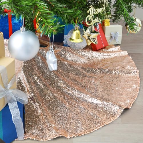 36-Inch Rose Gold Sequin Christmas Tree Skirt with Satin Mesh - Holiday Decor