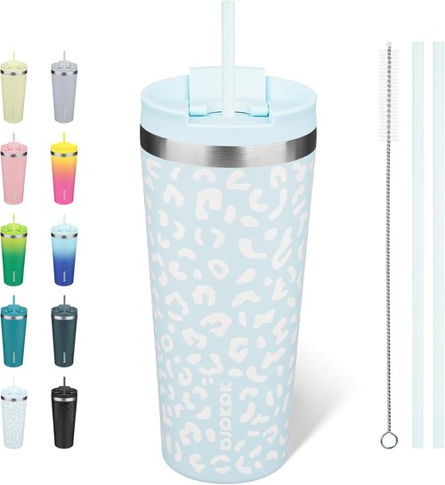 BJPKPK 22oz Insulated Stainless Steel Travel Coffee Mug - Light Blue Leopard Design