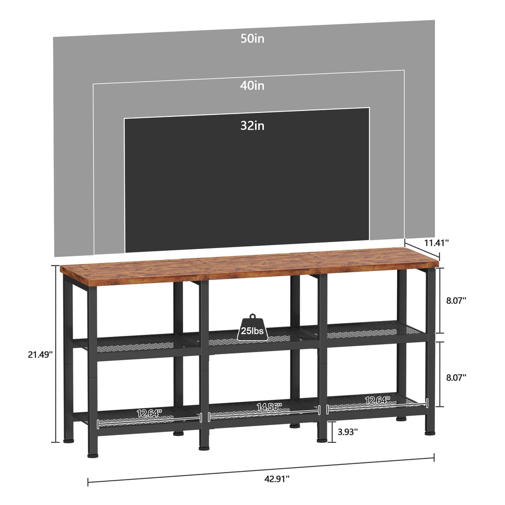 Furologee TV Stand, Small Media Console Table with 3-Tier Storage Shelves, Industrial Entertainment Center for TVs up to 50 Inch, Television Stands for Living Room, Bedroom, Rustic Brown