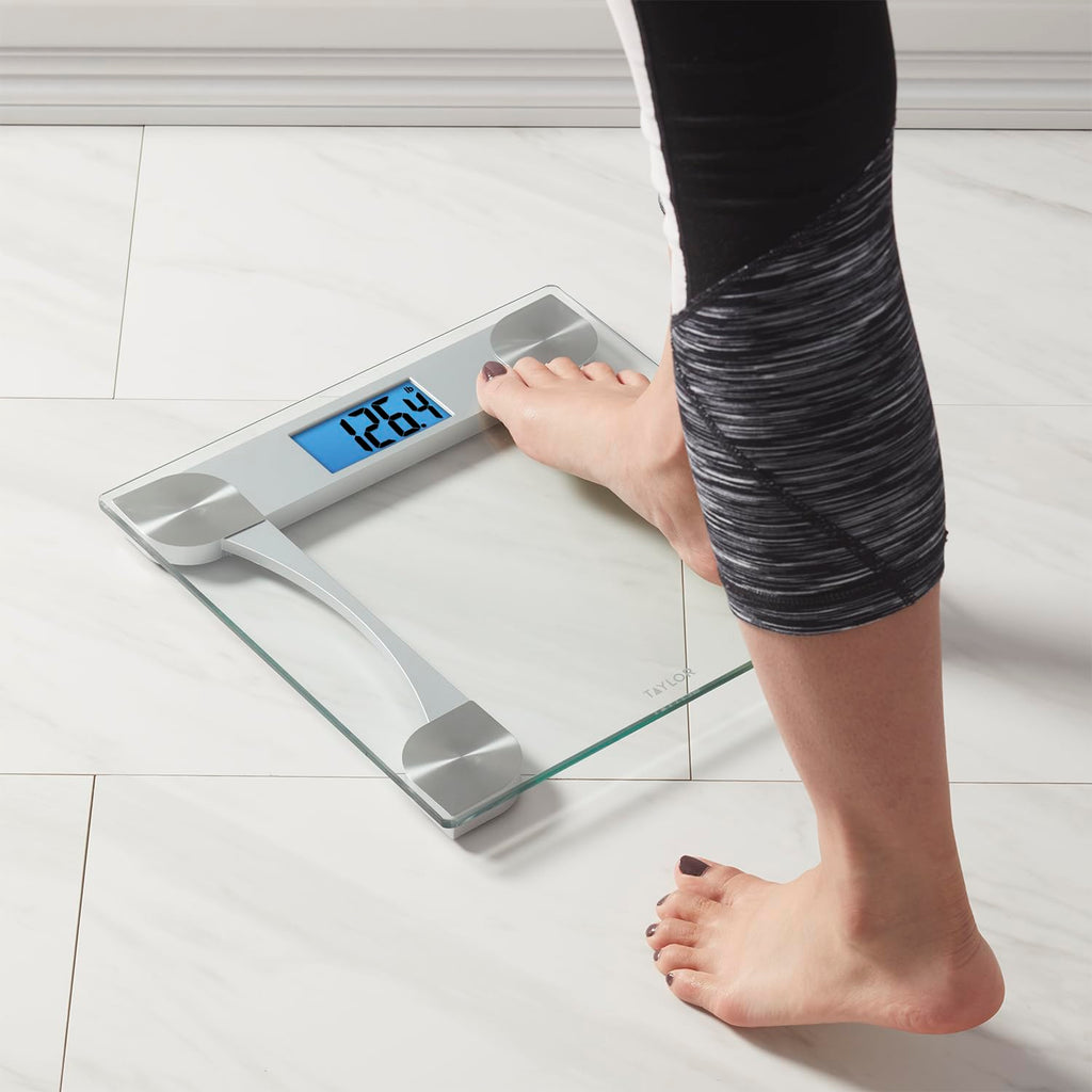Taylor Digital Bathroom Scale for Body Weight, Large 12.2 Inch Glass Platform, Blue Backlit LCD Display, 440 lb Capacity, Weight Tracking for 2 Users, Clear