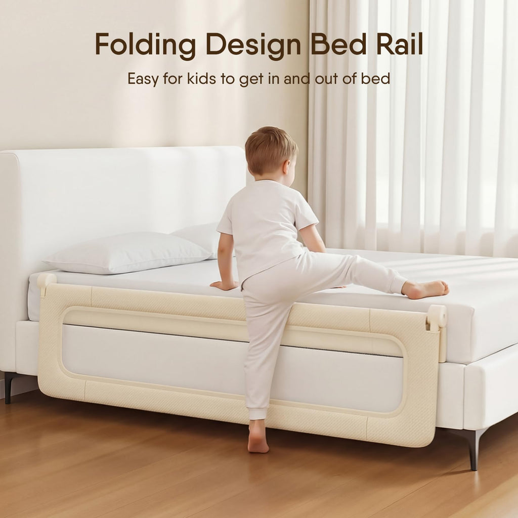 TodiNest Folding Bed Rail for Toddlers, Baby Bed Rail Guard with Reinforced Anchor Safety System, Toddler Bed Rails for King Size Beds, Twin, Full, Queen (Khaki, 71" L x 21.6" H)