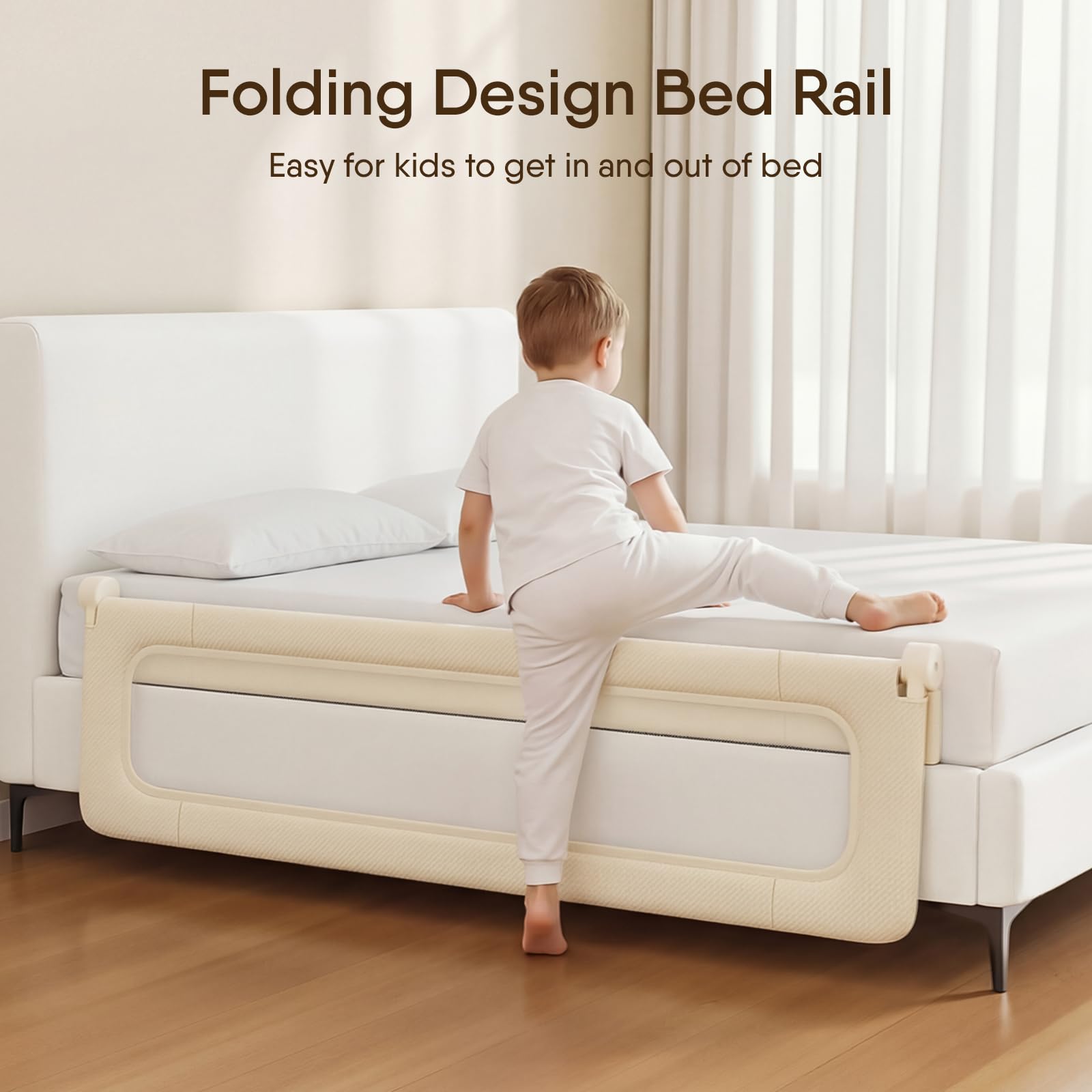 TodiNest Folding Bed Rail for Toddlers, Baby Bed Rail Guard with Reinforced Anchor Safety System, Toddler Bed Rails for King Size Beds, Twin, Full, Queen (Khaki, 71" L x 21.6" H)