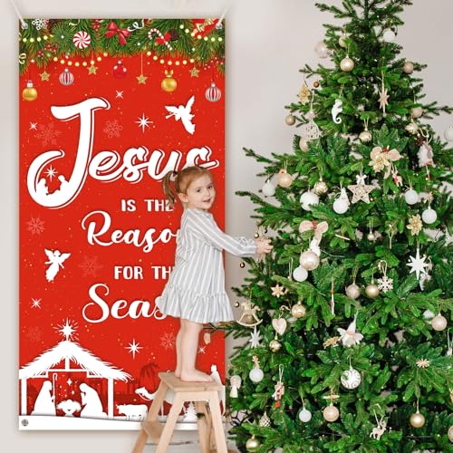 Nativity Door Cover Backdrop - Jesus is the Reason for the Season banner 70.9 x 35.4 in with Rope