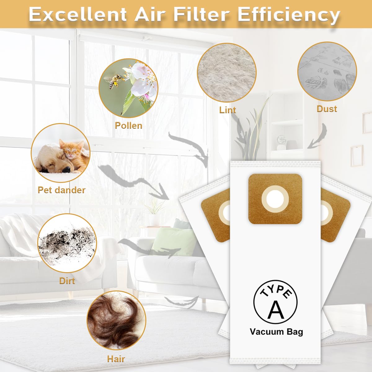 Type A Vacuum Bags for Riccar; HEPA Bags for Simplicity Type A, S20EZM, 5000, 6000 Series, S20E, S20SC, SAH-6 Uprights; Part # SAH-6, RAH-6, 6 Pack