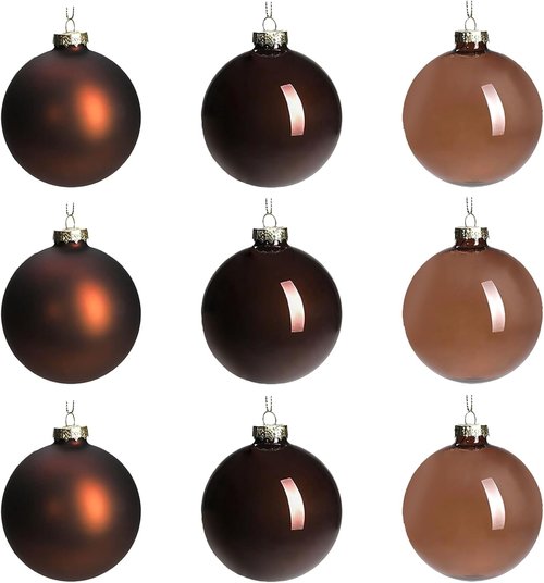 DN DECONATION Brown Glass Christmas Ball Ornaments - Set of 9 Hanging Baubles for Tree Decoration