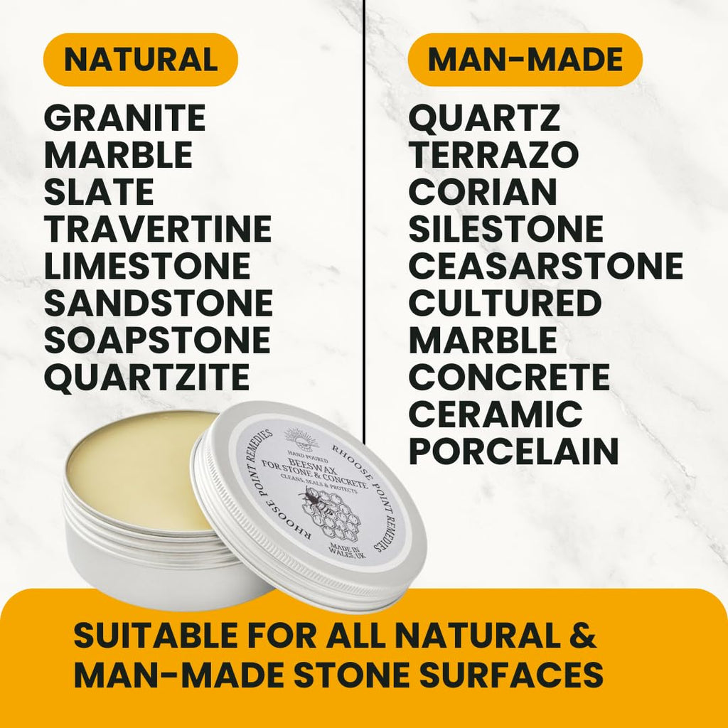 Rhoose Point Remedies Beeswax Polish for Stone & Concrete 3.5 Fl Oz – Cleans, Seals & Protects Natural & Man-Made Surfaces inc. Marble, Quartz, Granite, Slate, Ceramic