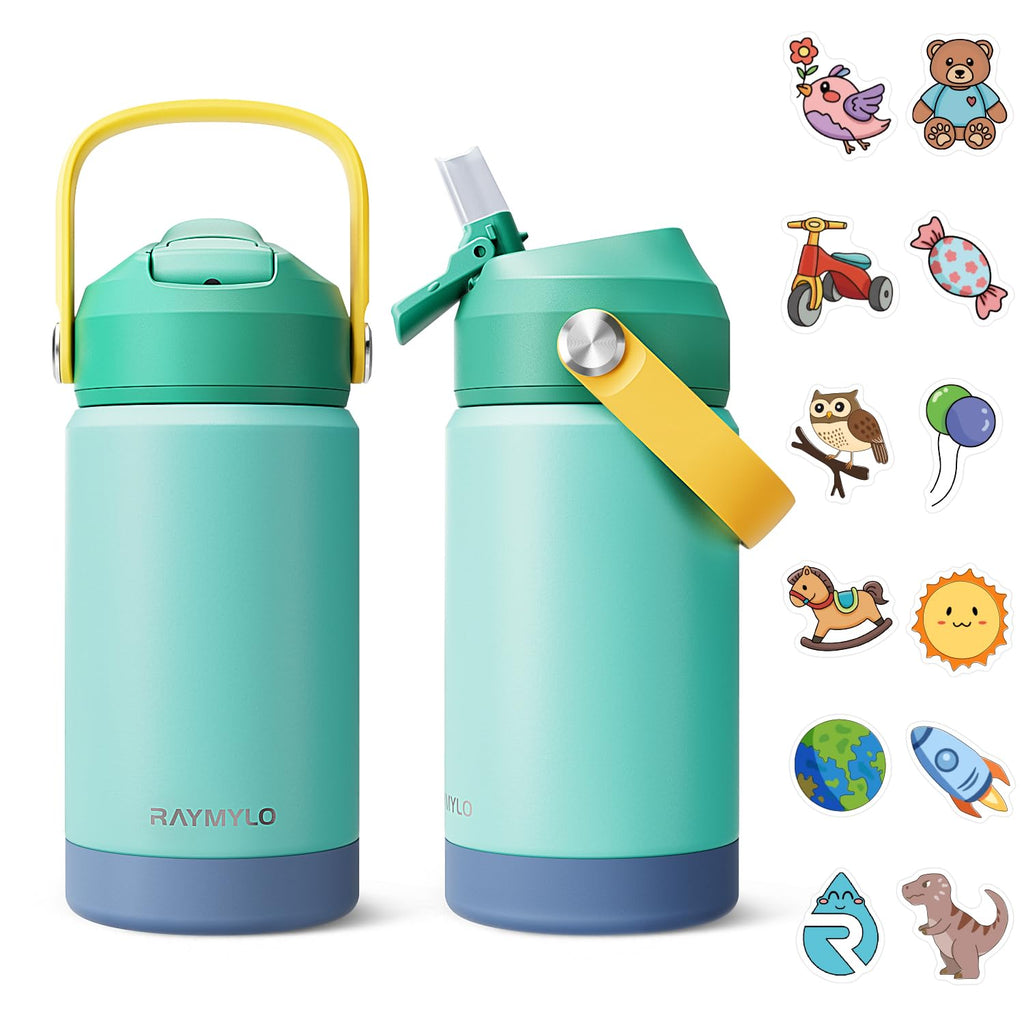 RAYMYLO Kids Water Bottle Stainless Steel Insulated, 12 oz Toddler Water Bottle for School Boys Girls, Toddler cups with Straw, Dishwasher Safe & BPA Free, Included DIY Stickers & Name Tag