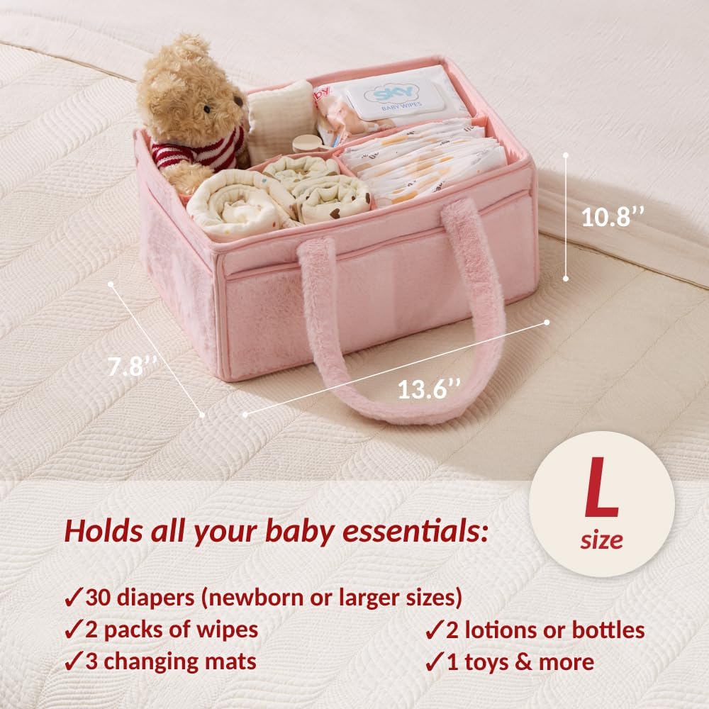 Skiennix Soft Baby Diaper Caddy Organizer - Portable Nursery Storage Basket with Removable Divider | Light Pink