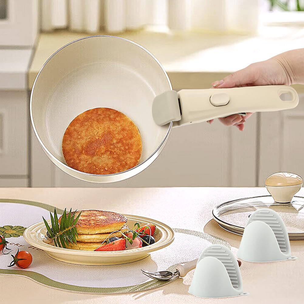Removable Pot Handle, Cream White Detachable Pan Handles with 2 PCS Silicone Oven Mitts Heat Resistant, Universal Pan Replacement Handles for Pots and Pans