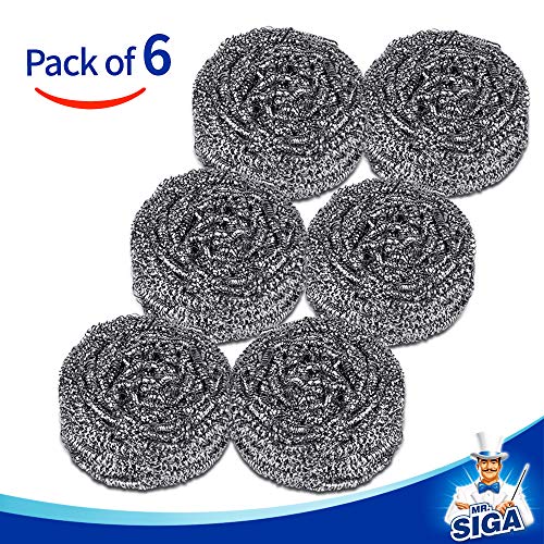 MR.SIGA Stainless Steel Scourer Pack of 6 – Heavy Duty Steel Wool Scrubbers for Pots & Pans
