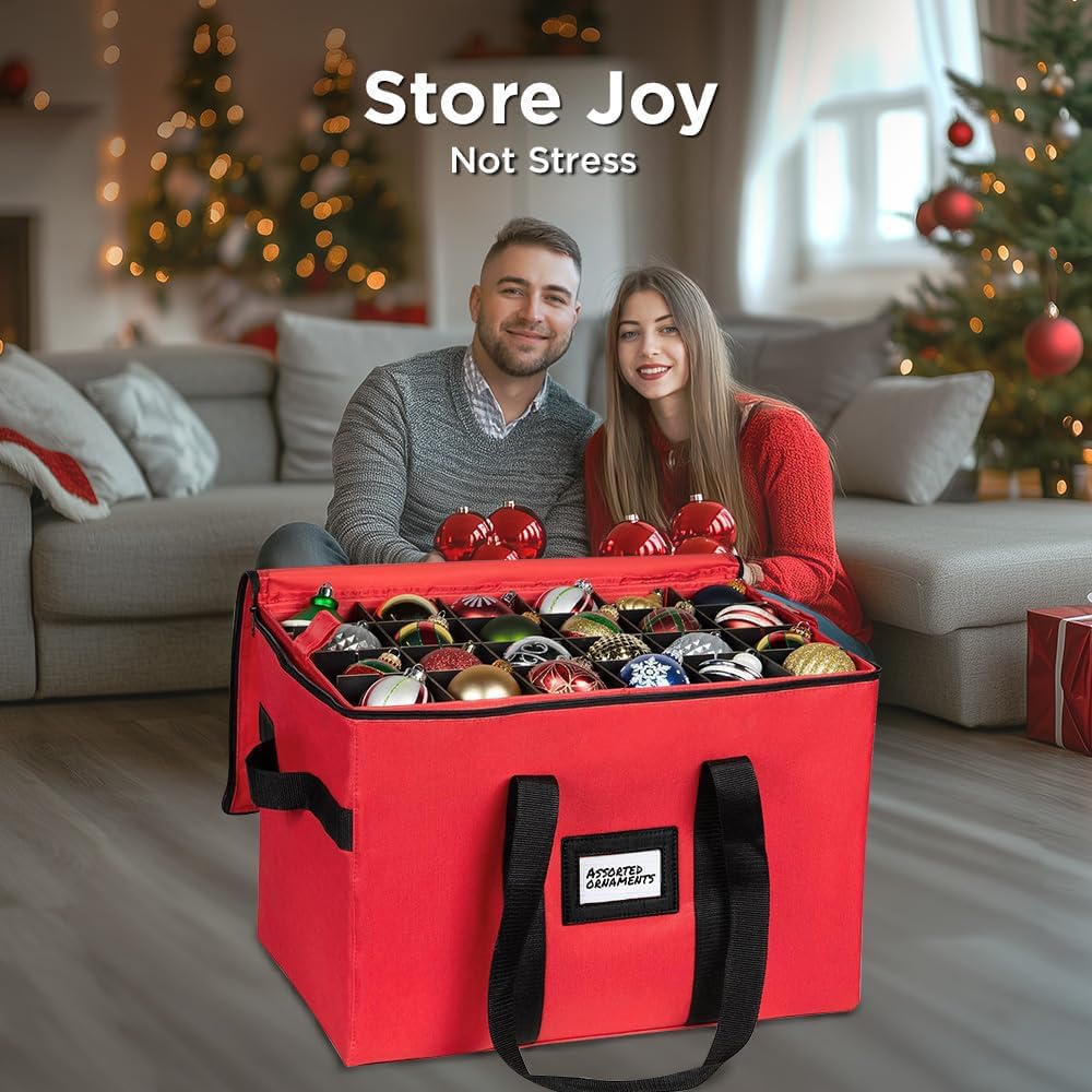 Regine Switzerland Christmas Ornament Storage Container - Large Organizer Bin with Adjustable Dividers for 96 Ornaments