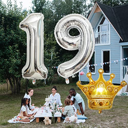 32 Inch Silver Happy Birthday Number 19 Foil Balloon with Crown