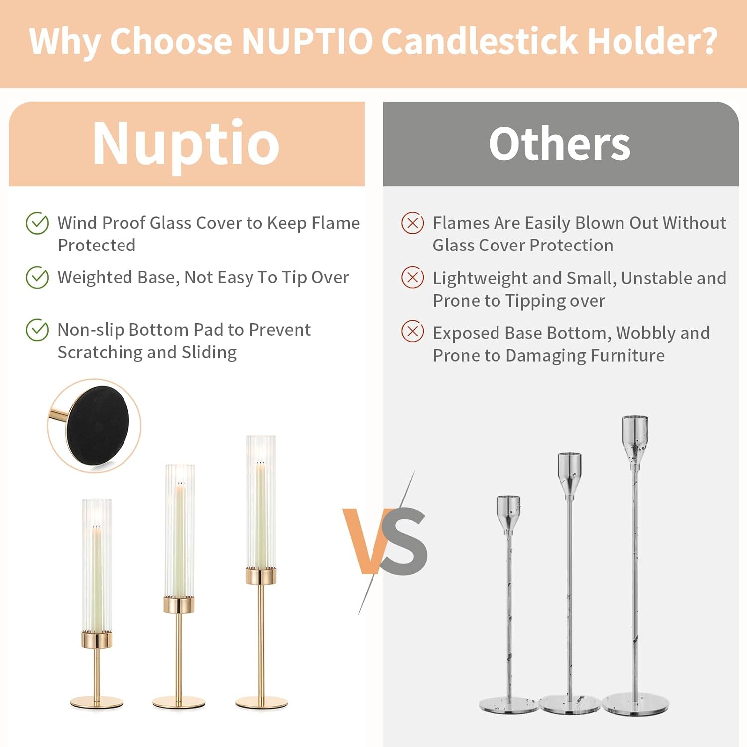 NUPTIO Tall Candlestick Holders - Elegant Hurricane Candle Holders with Ribbed Glass Sleeve | Set of 3 Gold Metal for Table & Fireplace Decor