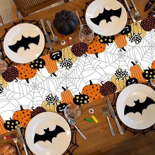Halloween Pumpkin Cobweb Table Runner - 13x72 Inch Spooky Decor